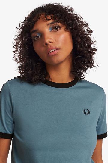 Grey Blue Fred Perry Taped Ringer Women's T Shirts | PH 2047HAPK